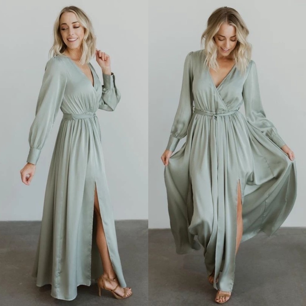 Baltic Born Jenna Satin Maxi Long Sleeve Dress - Sage Sz Small
